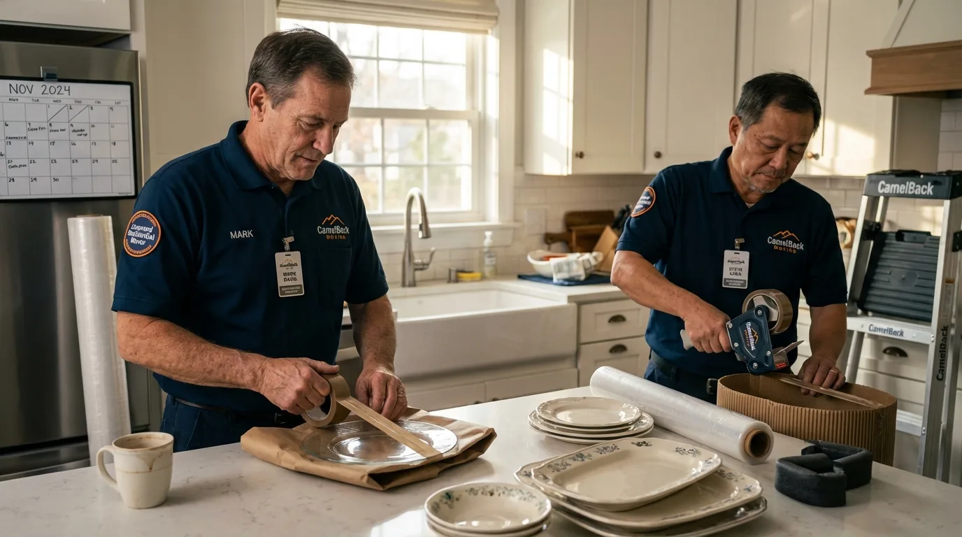 Professional crew packing kitchen dishware in Coal City, IL